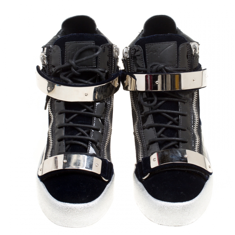 Pre Owned Giuseppe Zanotti Navy Blue Velvet and Black Leather Coby High Top Sneakers Size 43
