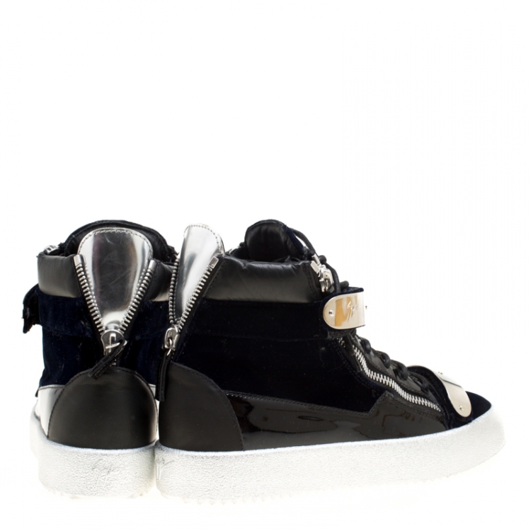 Pre Owned Giuseppe Zanotti Navy Blue Velvet and Black Leather Coby High Top Sneakers Size 43