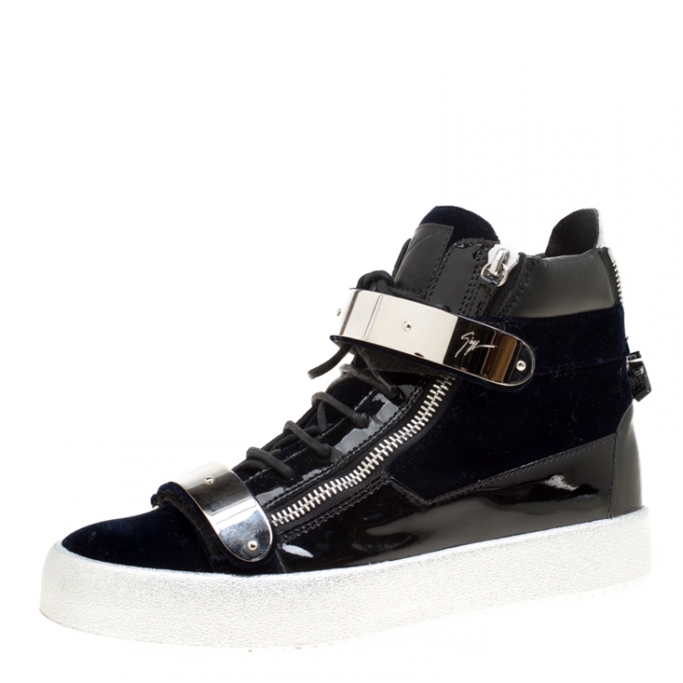 Giuseppe Zanotti Navy Blue Velvet Black Leather High Top Sneakers Size 43 Giuseppe | TLC