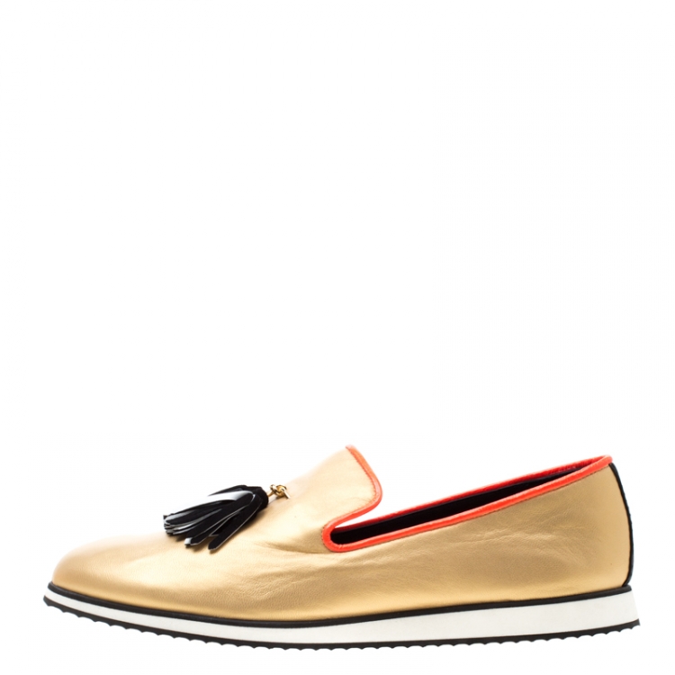 Pre Owned Giuseppe Zanotti Metallic Gold Leather Tassel Detail Smoking Slippers Size 44