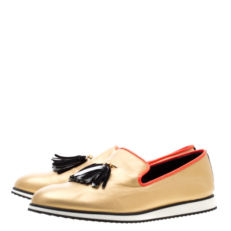 Pre Owned Giuseppe Zanotti Metallic Gold Leather Tassel Detail Smoking Slippers Size 42.5