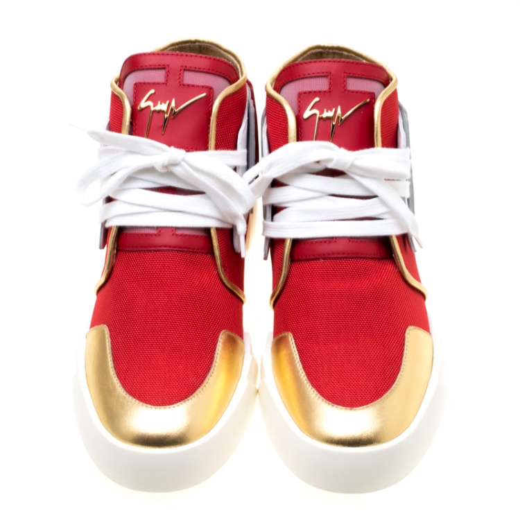 Pre Owned Giuseppe Zanotti Red Canvas And Tricolor Leather Foxy London High Top Sneakers Size 43.5
