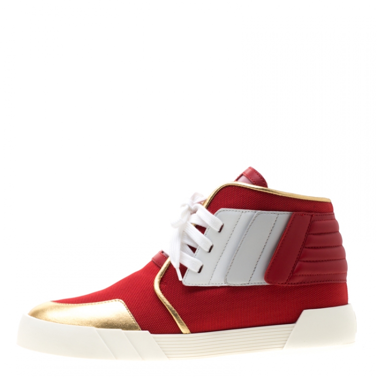 Pre Owned Giuseppe Zanotti Red Canvas And Tricolor Leather Foxy London High Top Sneakers Size 43.5