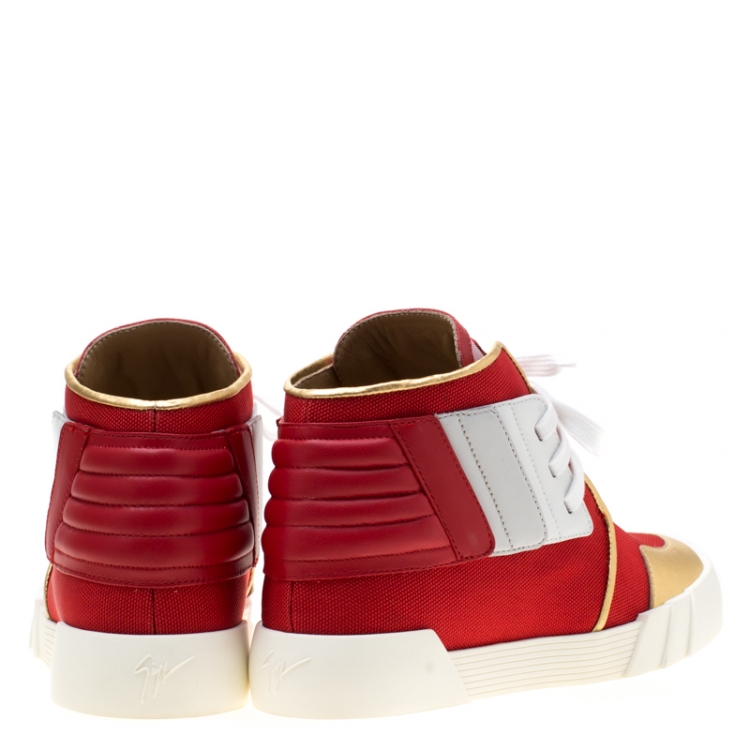 Pre Owned Giuseppe Zanotti Red Canvas And Tricolor Leather Foxy London High Top Sneakers Size 44