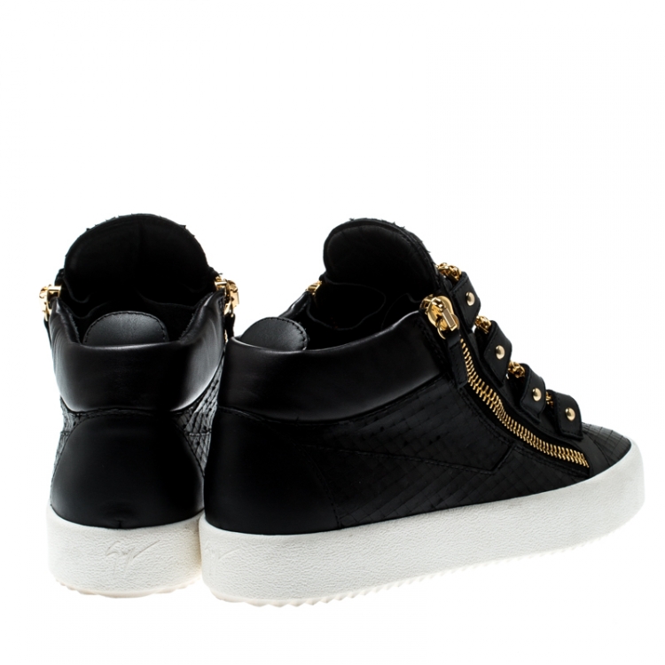 Pre Owned Giuseppe Zanotti Black Leather London Birel Chain Embellished High Top Sneakers Size 43.5