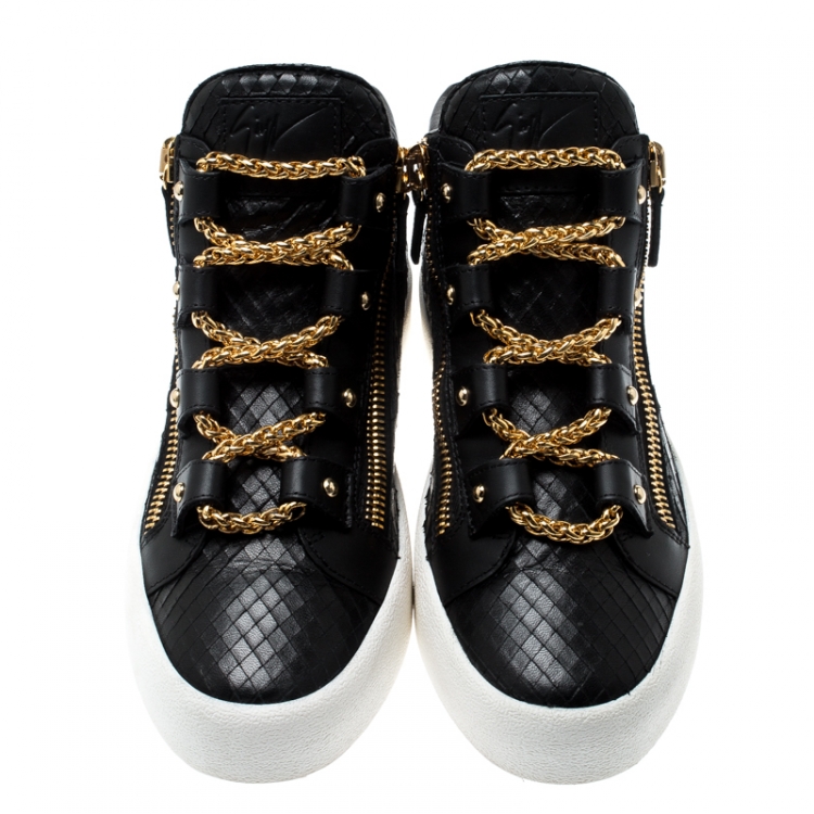 Pre Owned Giuseppe Zanotti Black Leather London Birel Chain Embellished High Top Sneakers Size 43.5