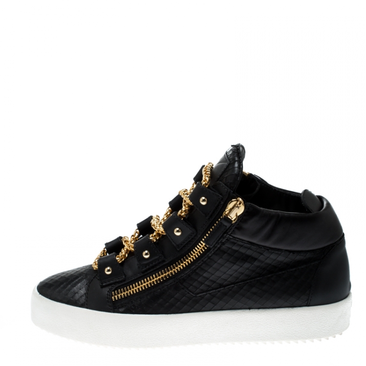 Pre Owned Giuseppe Zanotti Black Leather London Birel Chain Embellished High Top Sneakers Size 43.5