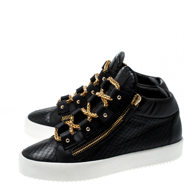 Pre Owned Giuseppe Zanotti Black Leather London Birel Chain Embellished High Top Sneakers Size 43.5