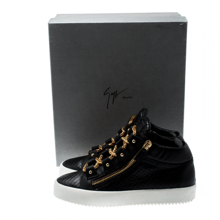 Pre Owned Giuseppe Zanotti Black Leather London Birel Chain Embellished High Top Sneakers Size 43.5