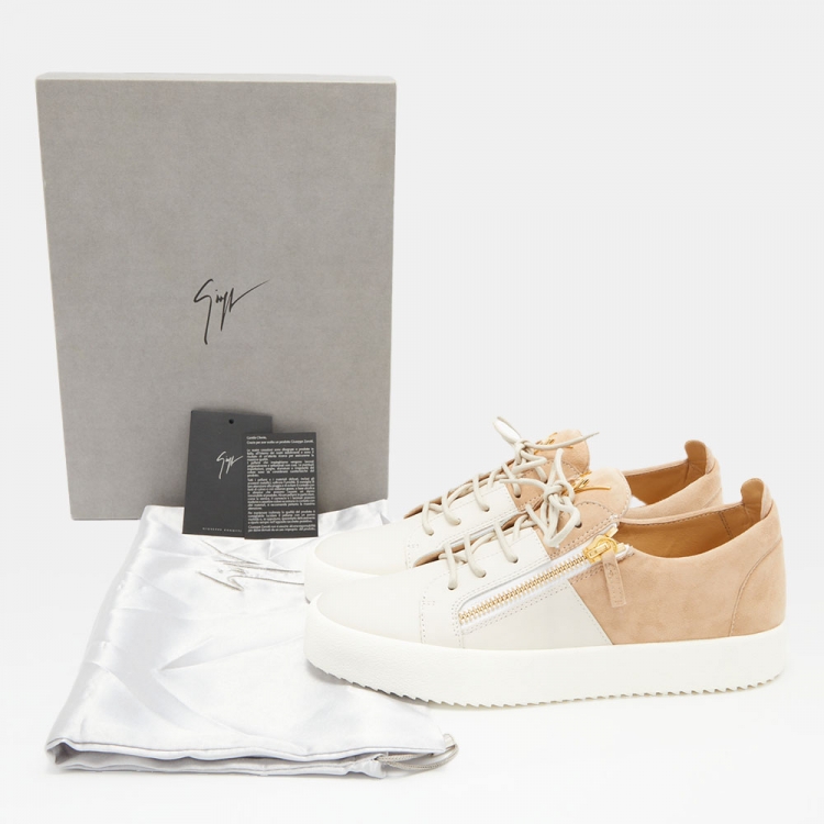 Pre Owned Giuseppe Zanotti Light Brown/Grey Suede and Leather Low Top Sneakers Size 43