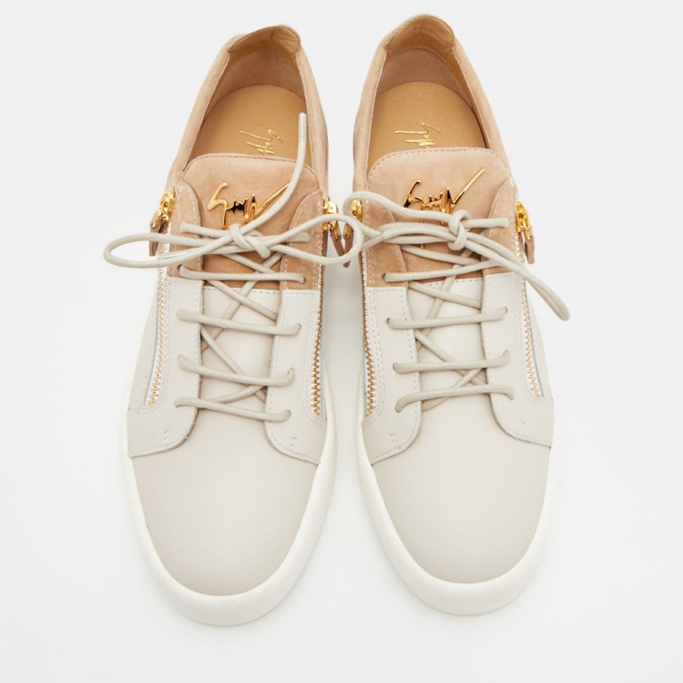Pre Owned Giuseppe Zanotti Light Brown/Grey Suede and Leather Low Top Sneakers Size 43