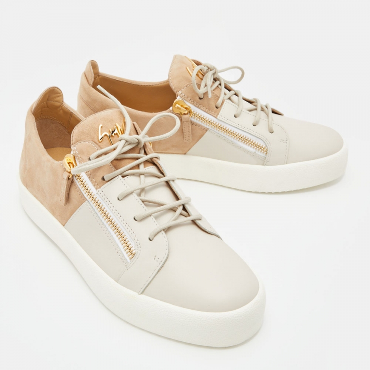 Pre Owned Giuseppe Zanotti Light Brown/Grey Suede and Leather Low Top Sneakers Size 43