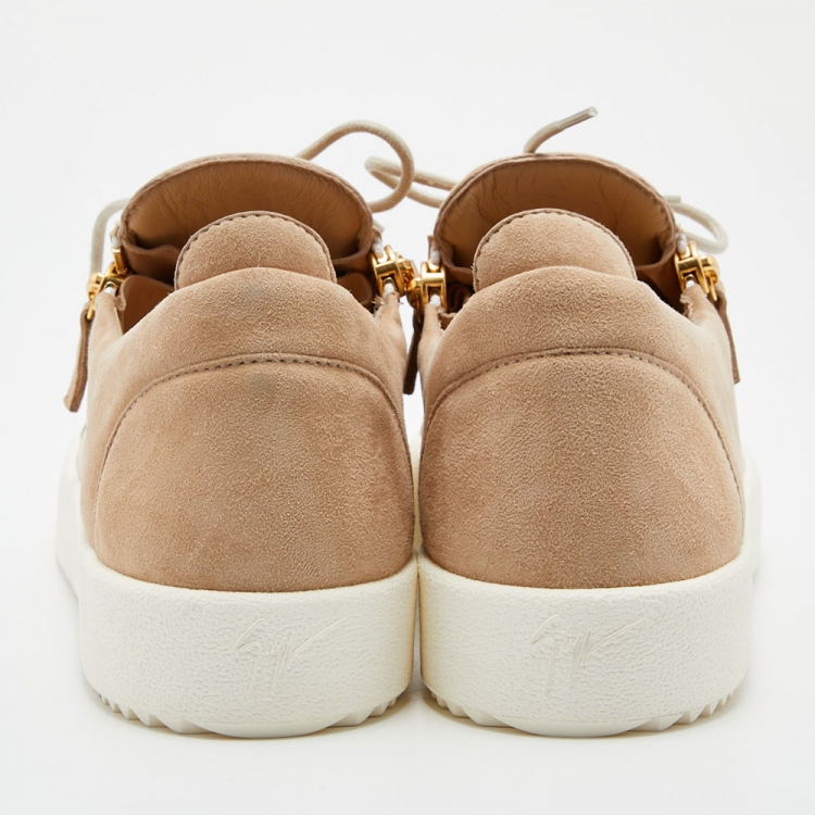 Pre Owned Giuseppe Zanotti Light Brown/Grey Suede and Leather Low Top Sneakers Size 43