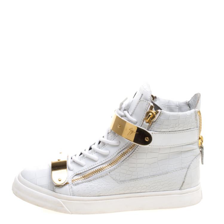 Pre Owned Giuseppe Zanotti White Croc Embossed Leather London High Top Sneakers Size 41