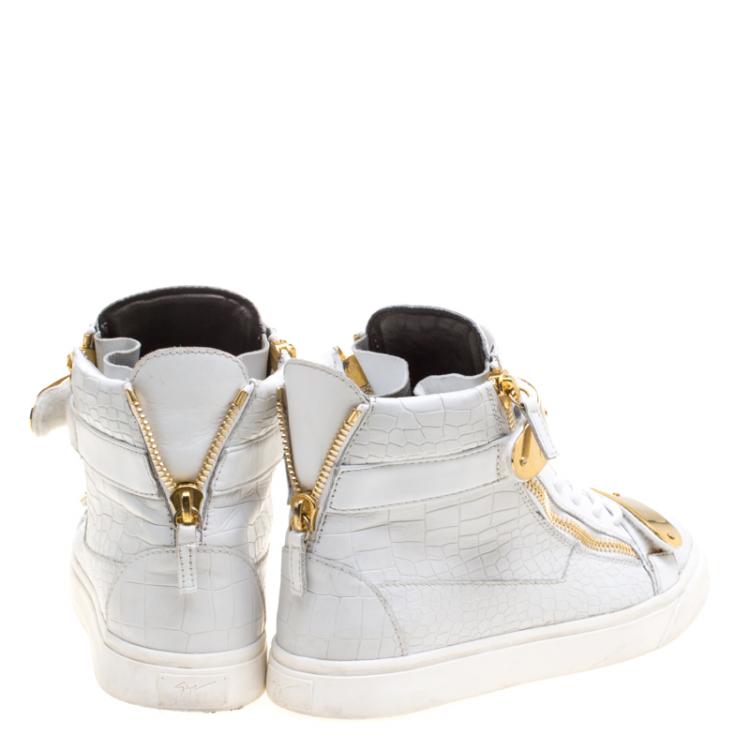 Pre Owned Giuseppe Zanotti White Croc Embossed Leather London High Top Sneakers Size 41