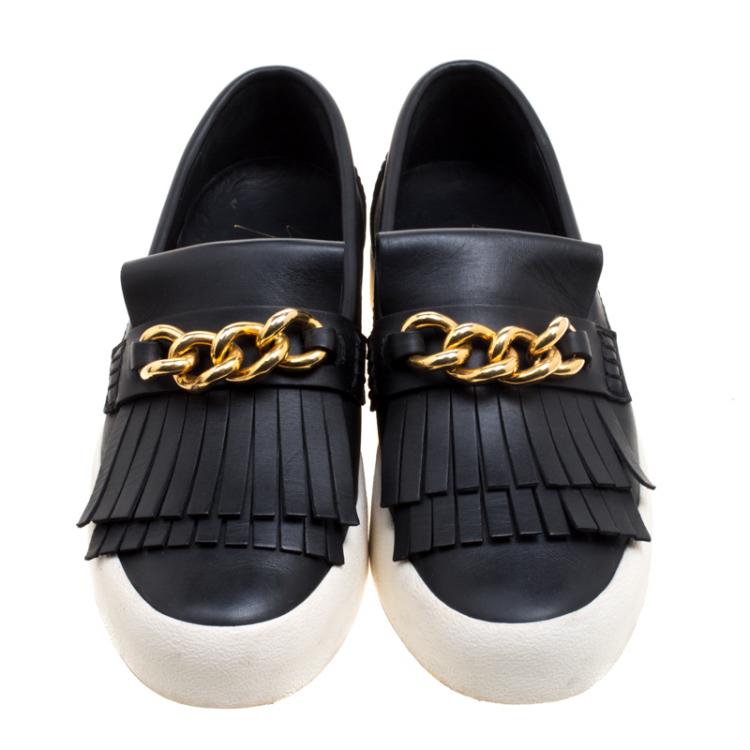 Pre Owned Giuseppe Zanotti Black Fringed Leather Slip On Sneakers Size 42
