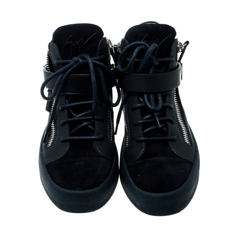 Pre Owned Giuseppe Zanotti Blue Leather and Suede Mid Top Sneakers Size 41