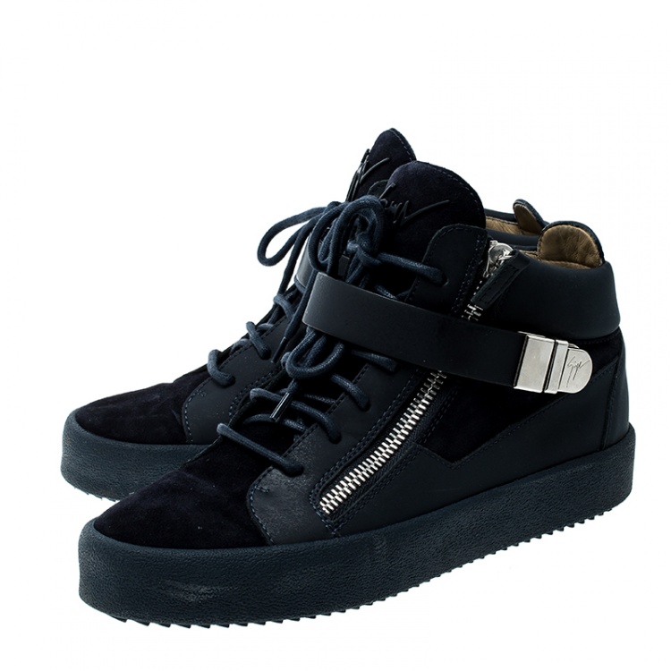 Pre Owned Giuseppe Zanotti Blue Leather and Suede Mid Top Sneakers Size 41