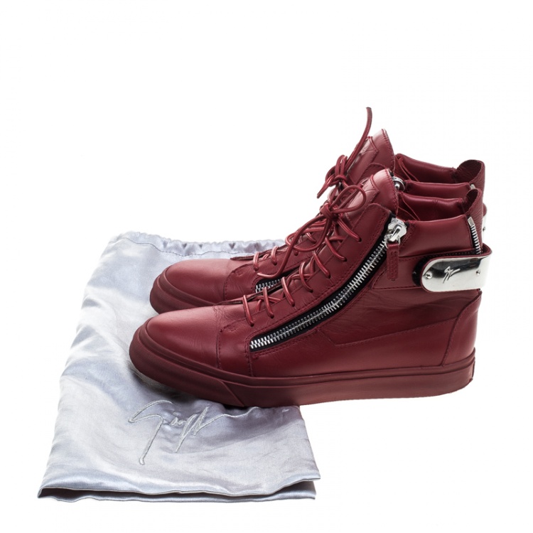 Pre Owned Giuseppe Zanotti Red Leather Metal Accent High Top Sneakers Size 40