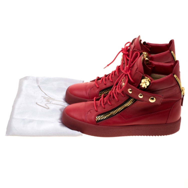 Pre Owned Giuseppe Zanotti Red Leather Studded High Top Sneakers Size 42