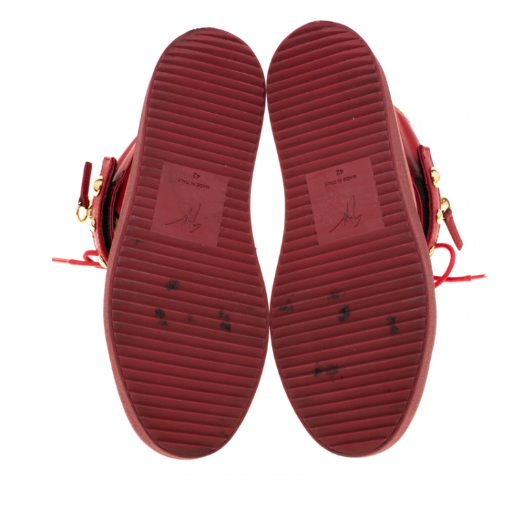 Pre Owned Giuseppe Zanotti Red Leather Studded High Top Sneakers Size 42