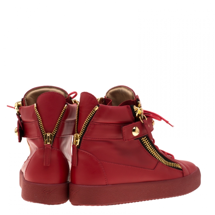Pre Owned Giuseppe Zanotti Red Leather Studded High Top Sneakers Size 42