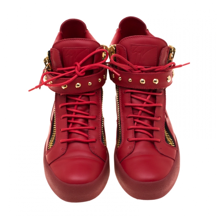 Pre Owned Giuseppe Zanotti Red Leather Studded High Top Sneakers Size 42