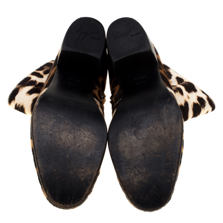 Pre Owned Giuseppe Zanotti Beige Leopard Print Calf Hair Ankle Boots Size 41.5