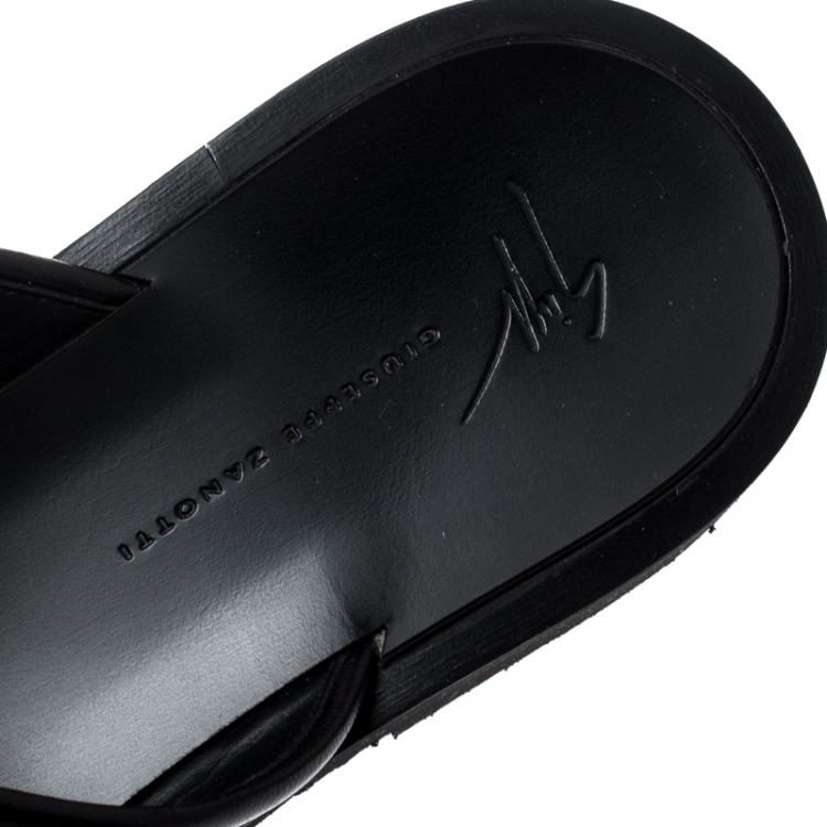 Pre Owned Giuseppe Zanotti Black Fabric And Leather Trim Slides Size 42