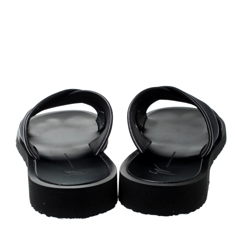 Pre Owned Giuseppe Zanotti Black Fabric And Leather Trim Slides Size 42