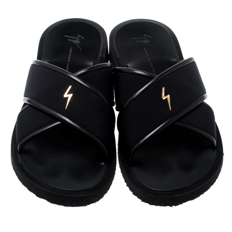 Pre Owned Giuseppe Zanotti Black Fabric And Leather Trim Slides Size 42