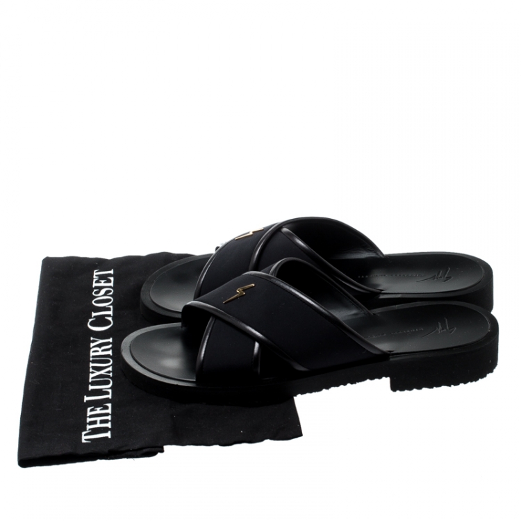 Pre Owned Giuseppe Zanotti Black Fabric And Leather Trim Slides Size 42