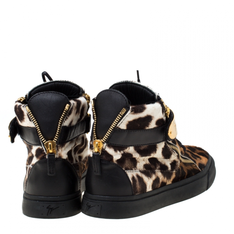 Pre Owned Giuseppe Zanotti Brown/Black Leopard Print Calf hair Lace Up High Top Sneakers Size 43