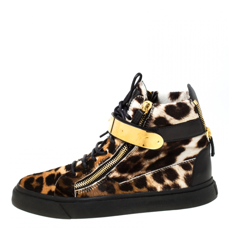 Pre Owned Giuseppe Zanotti Brown/Black Leopard Print Calf hair Lace Up High Top Sneakers Size 43