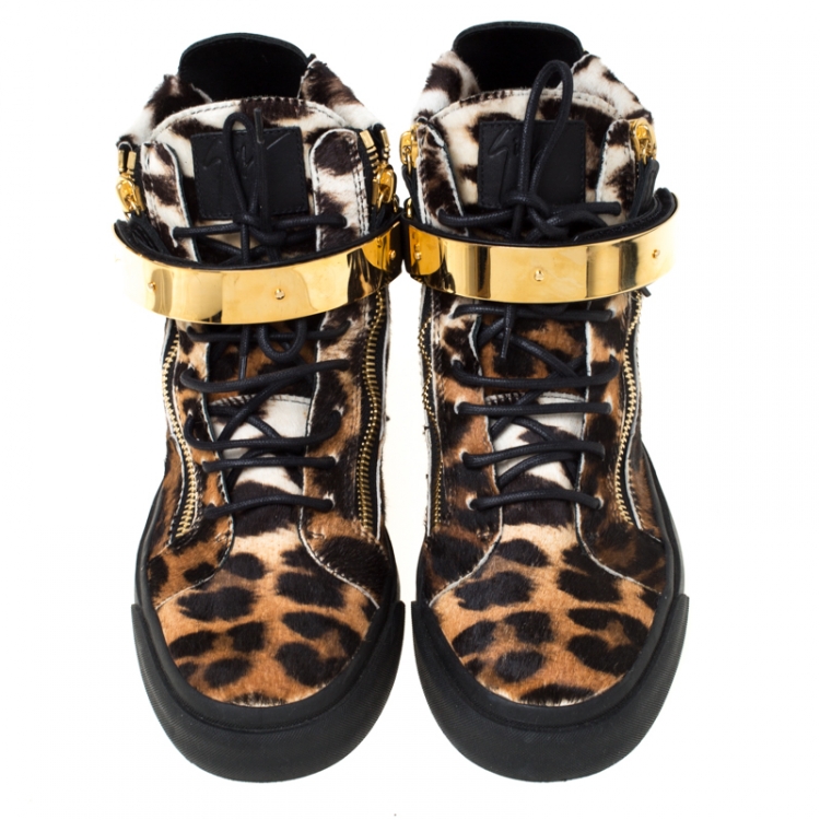 Pre Owned Giuseppe Zanotti Brown/Black Leopard Print Calf hair Lace Up High Top Sneakers Size 43