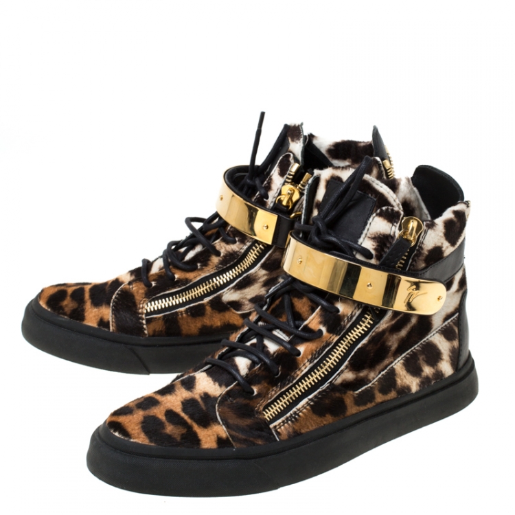 Pre Owned Giuseppe Zanotti Brown/Black Leopard Print Calf hair Lace Up High Top Sneakers Size 43