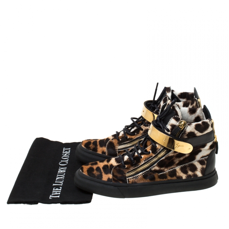 Pre Owned Giuseppe Zanotti Brown/Black Leopard Print Calf hair Lace Up High Top Sneakers Size 43
