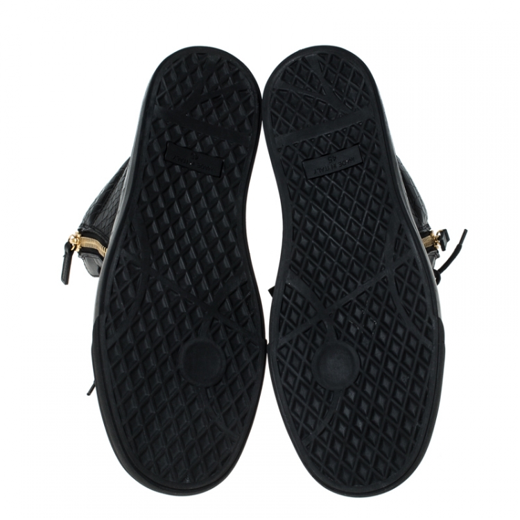 Pre Owned Giuseppe Zanotti Black Croc Embossed Leather Double Zipper High Top Sneakers Size 45
