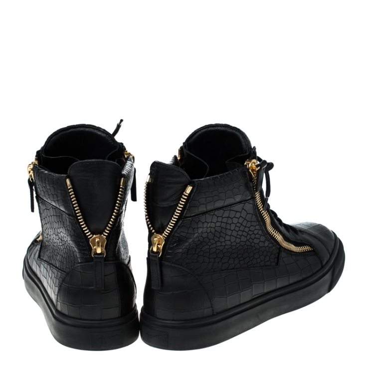 Pre Owned Giuseppe Zanotti Black Croc Embossed Leather Double Zipper High Top Sneakers Size 45