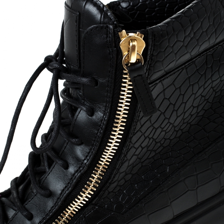 Pre Owned Giuseppe Zanotti Black Croc Embossed Leather Double Zipper High Top Sneakers Size 45