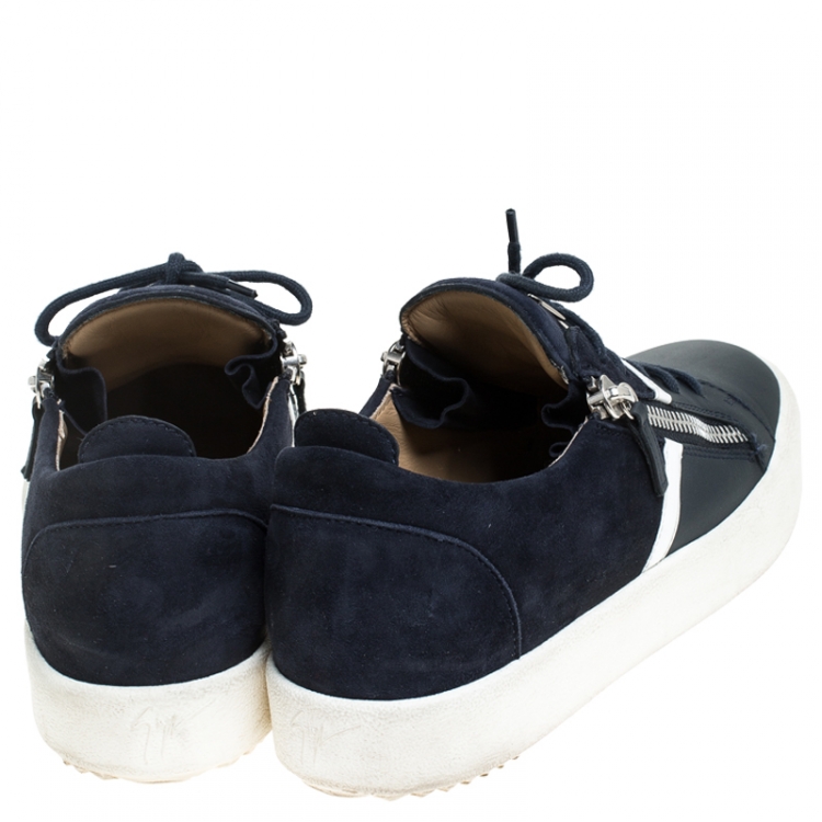 Pre Owned Giuseppe Zanotti Blue Leather And Suede May London Double Zip Low Top Sneakers Size 42.5