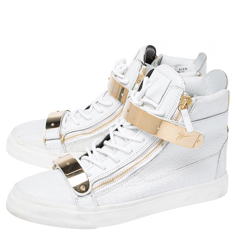 Pre Owned Giuseppe Zanotti White/Gold Leather Coby High Top Sneakers Size 44