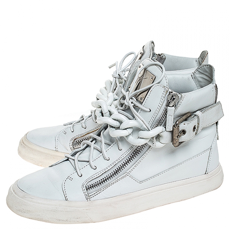 Pre Owned Giuseppe Zanotti White Leather Metal Chain Embellished High Top Sneakers Size 41
