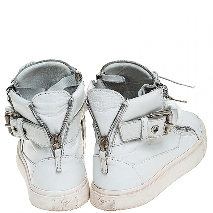 Pre Owned Giuseppe Zanotti White Leather Metal Chain Embellished High Top Sneakers Size 41