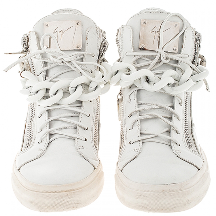 Pre Owned Giuseppe Zanotti White Leather Metal Chain Embellished High Top Sneakers Size 41