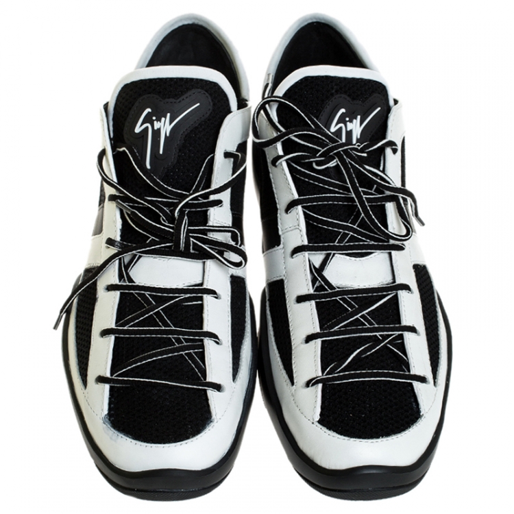 Pre Owned Giuseppe Zanotti Black/White Leather And Knit Fabric Light Jump Sneakers Size 43.5