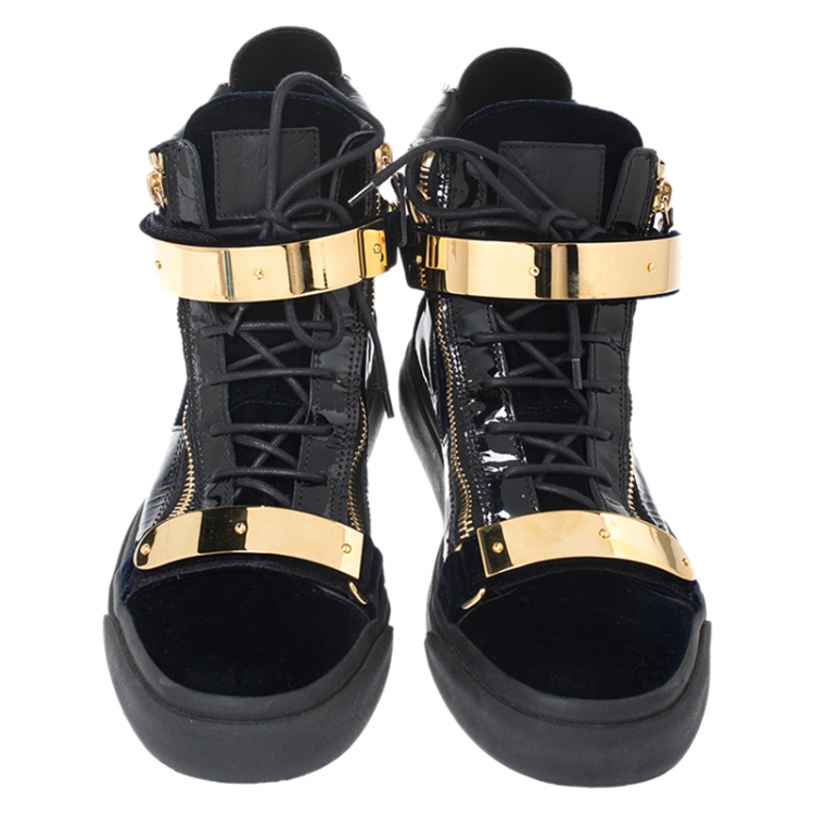 Pre Owned Giuseppe Zanotti Black Velvet and Leather Coby High Top Sneakers Size 45
