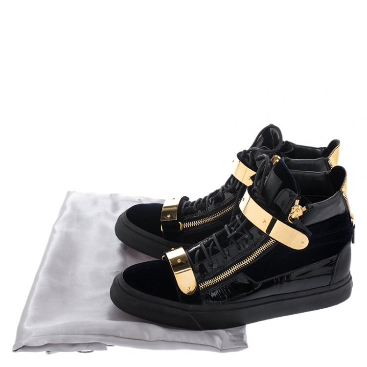 Pre Owned Giuseppe Zanotti Black Velvet and Leather Coby High Top Sneakers Size 45