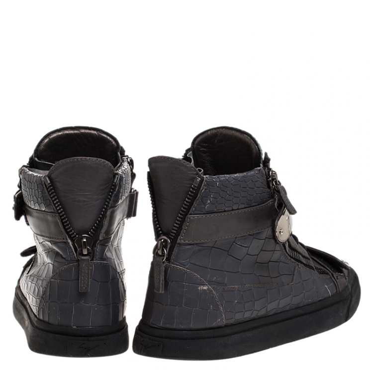 Pre Owned Giuseppe Zanotti Grey Croc Embossed Leather High Top Lace Up Sneakers Size 44