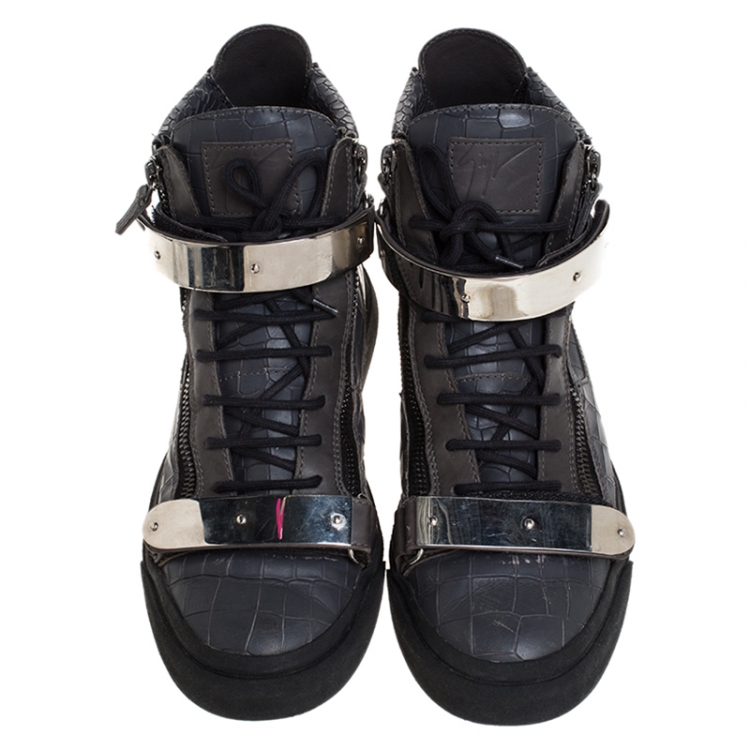 Pre Owned Giuseppe Zanotti Grey Croc Embossed Leather High Top Lace Up Sneakers Size 44